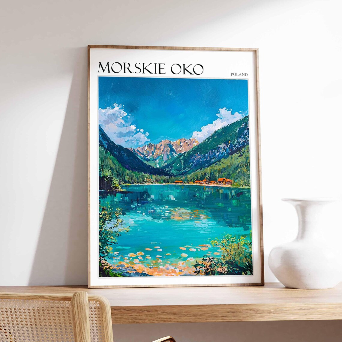 Morskie Oko Poland Turquoise Lake Panorama with Cabins Travel Poster