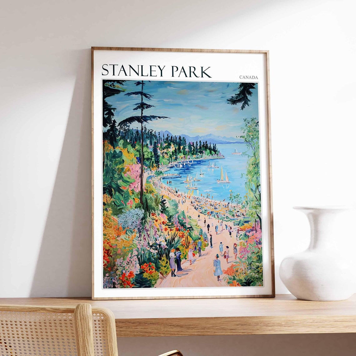 Stanley Park Vancouver Beach Crowd Sailboats Gardens Travel Poster