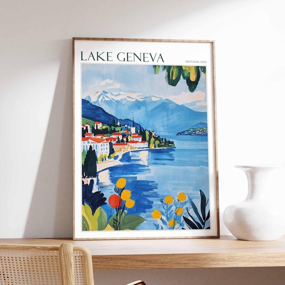 Lake Geneva Poster Switzerland Travel Print Swiss Decor Europe Travel Poster European Wall Art Lake Geneva Travel Poster