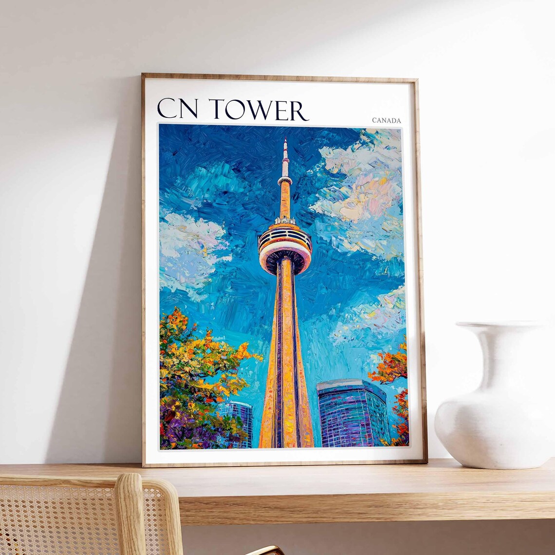 CN Tower Canada Toronto Blue Sky Bold Brushstroke Painting Poster