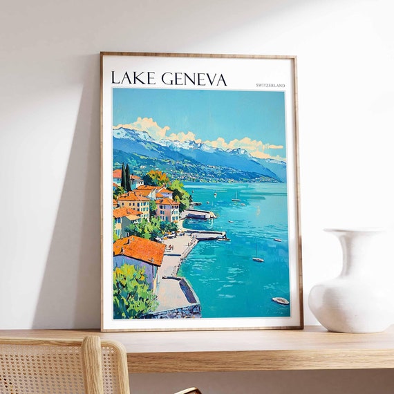 Lake Geneva Poster Switzerland Travel Print Swiss Decor Europe Travel Poster European Wall Art Lake Geneva Travel Poster