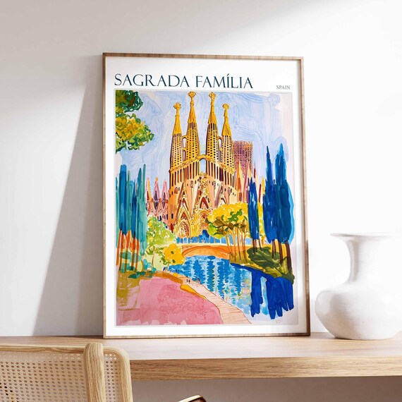 Sagrada Famlia Poster Sagrada Famlia Travel Print Spain Wall Art Spanish Travel Print Tropical Decor Botanical Print Spain Gift