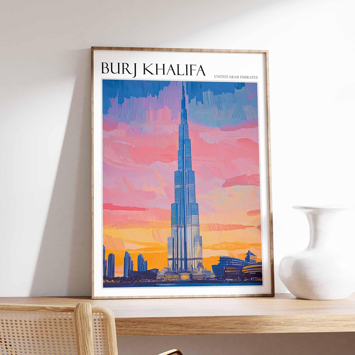 Burj Khalifa Dubai Sunset Skyline in Pink and Orange Oil Poster
