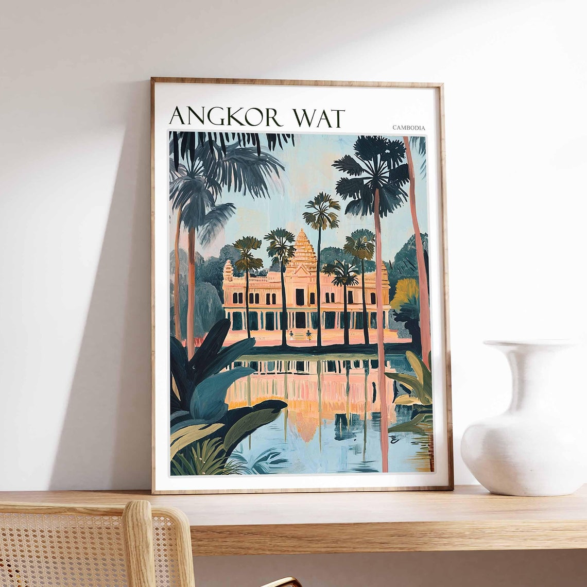 Angkor Wat Cambodia Palm Trees Tropical Temple Water Art Poster