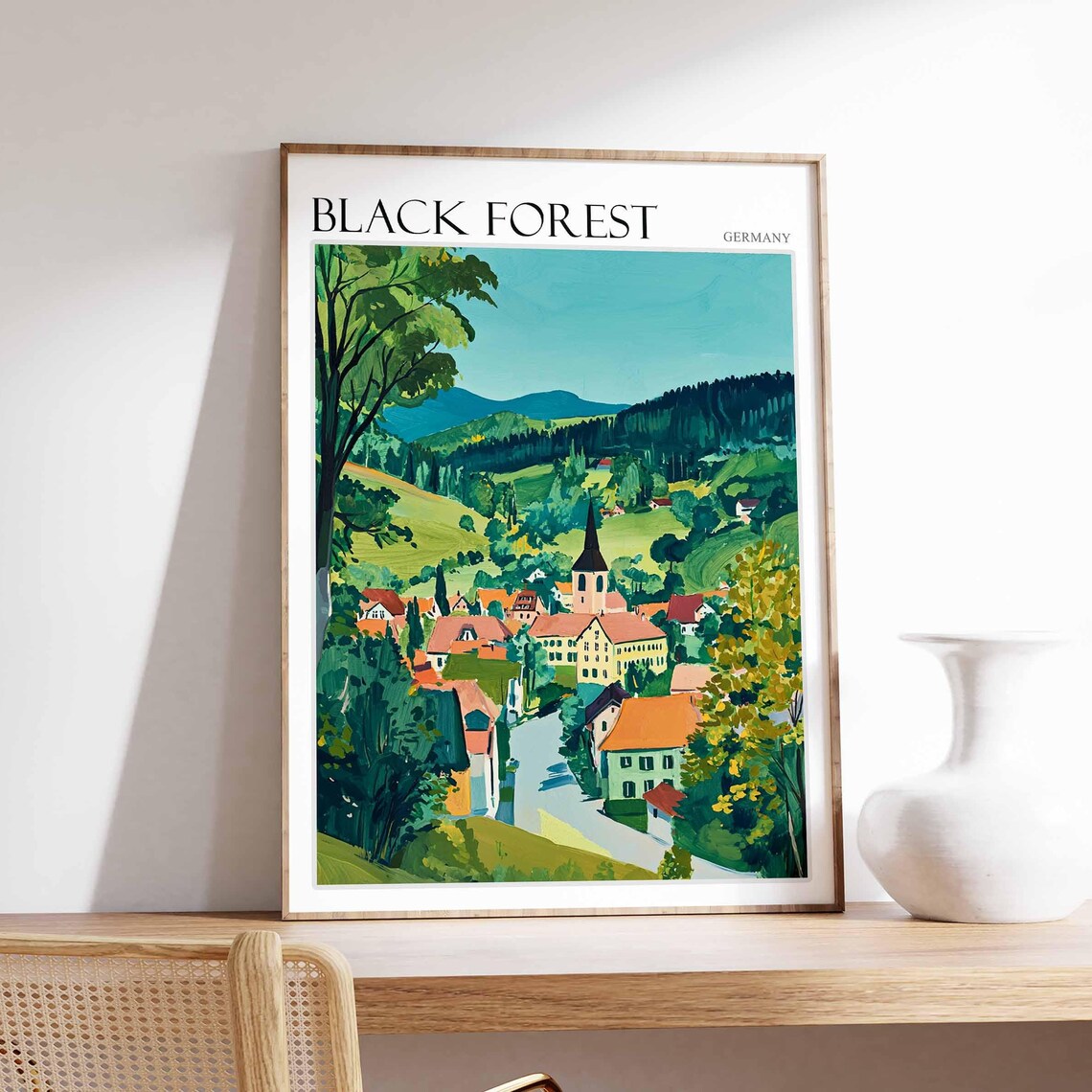 Black Forest Germany Village Church in Green Valley Art Poster