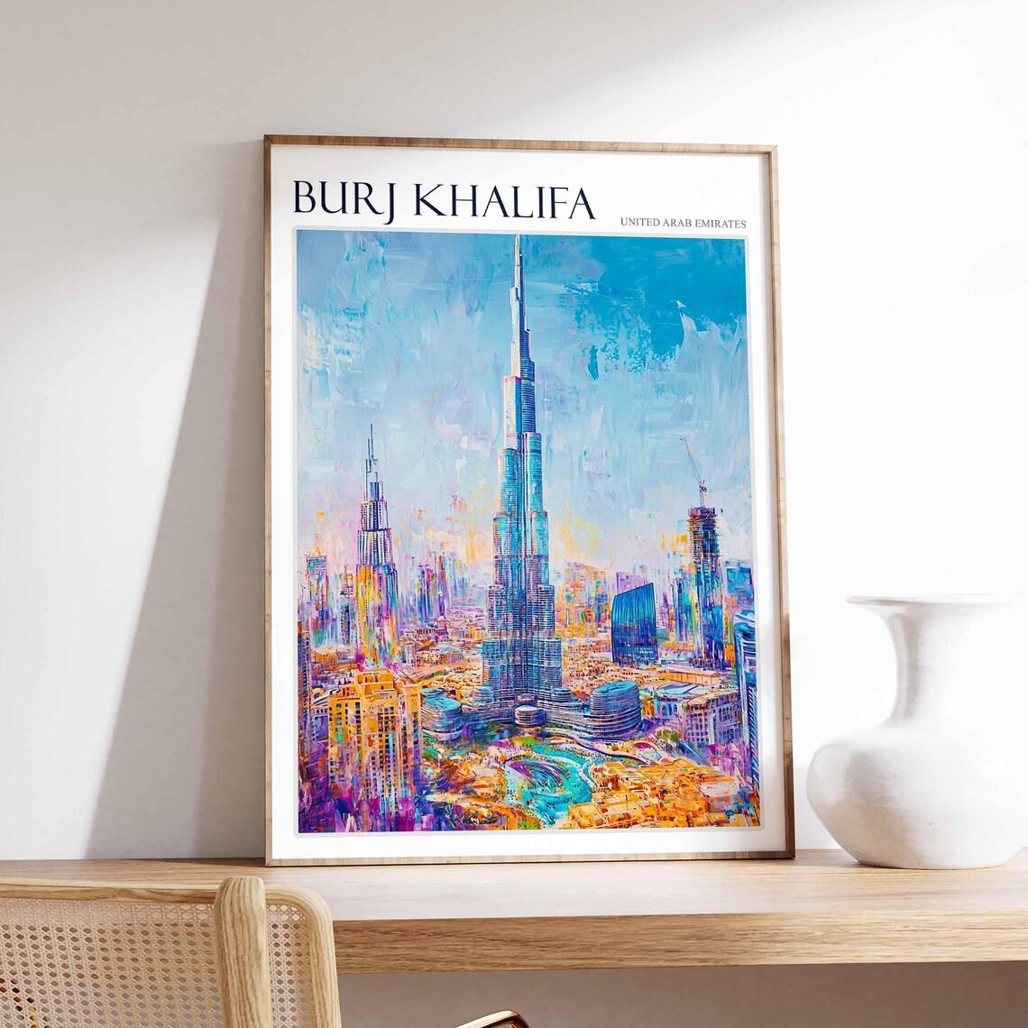 Burj Khalifa Dubai Aerial Cityscape Colorful Skyline Oil Poster
