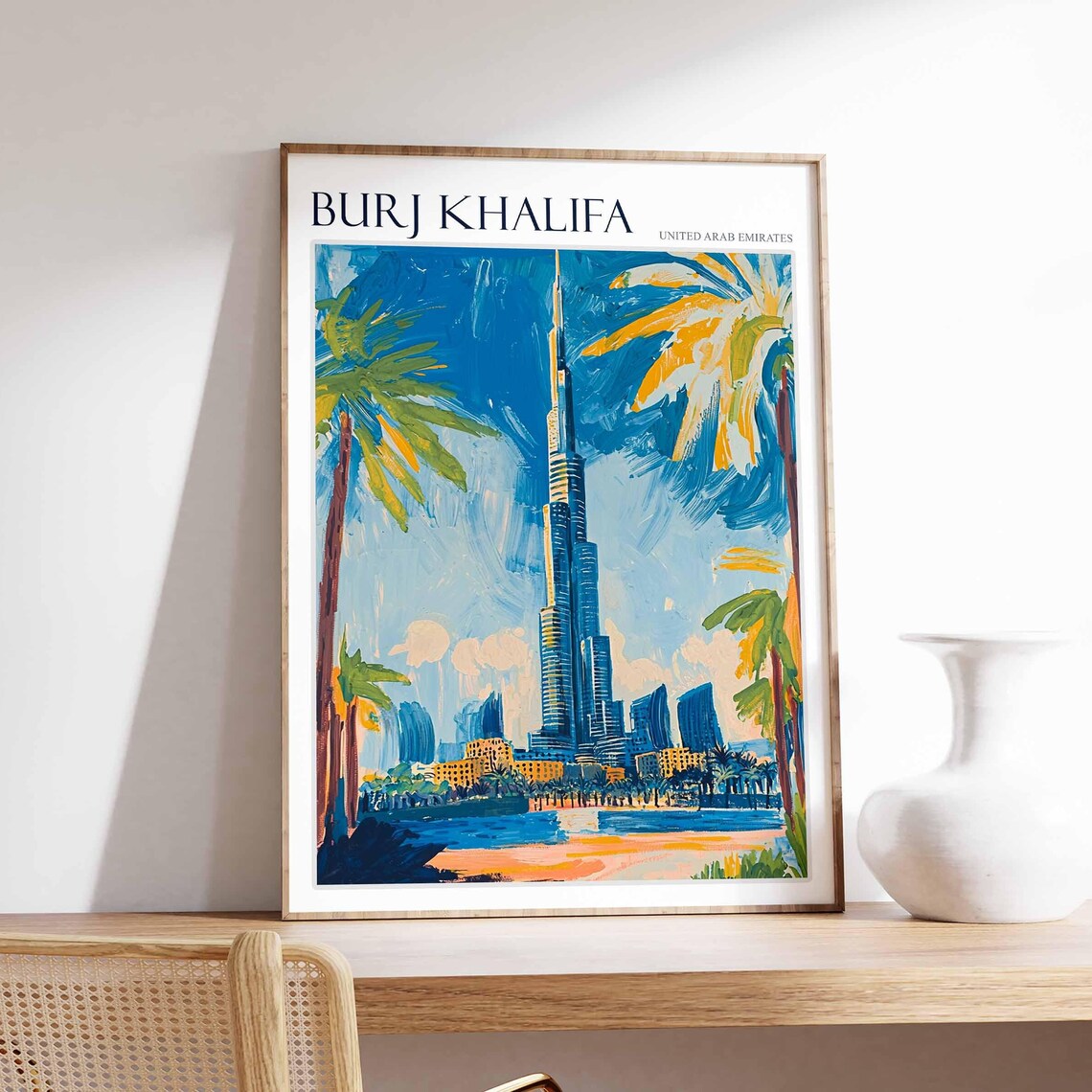 Burj Khalifa Dubai Tower Framed by Palm Trees Waterfront Poster