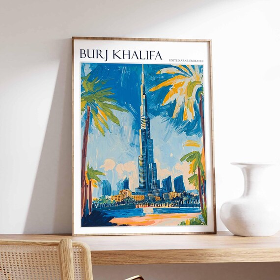 Burj Khalifa Poster United Arab Emirates Wall Art Arabian Travel Print Tropical Decor Burj Khalifa Travel Poster City Print