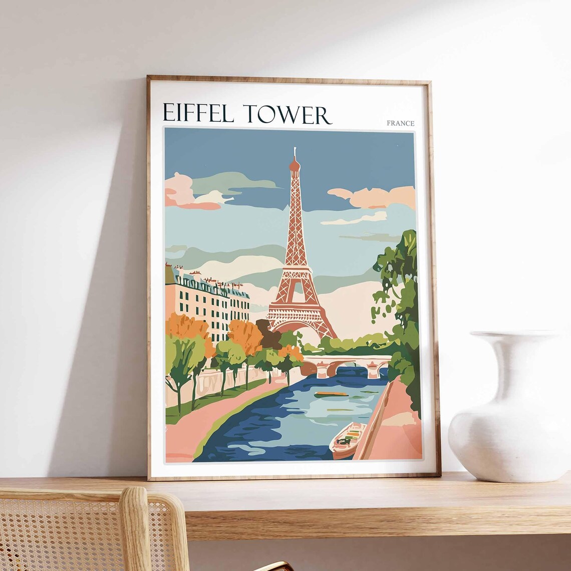 Eiffel Tower France Travel Poster Seine River Pastel Painting View
