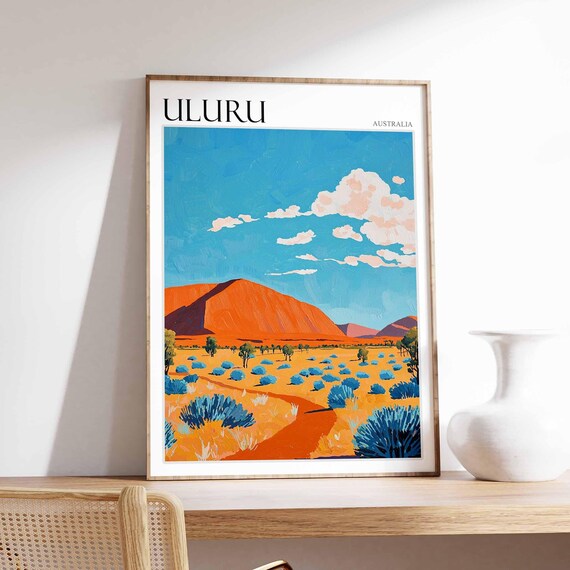 Uluru Australia Blue Spinifex Red Path Bold Modern Scenic Art Poster