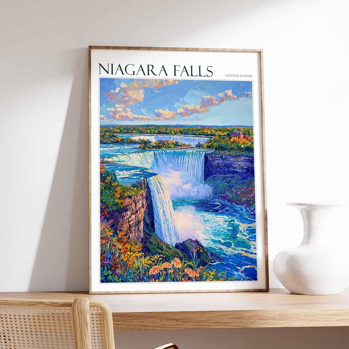 Niagara Falls Oil Painting Wildflowers Misty Falls View Poster