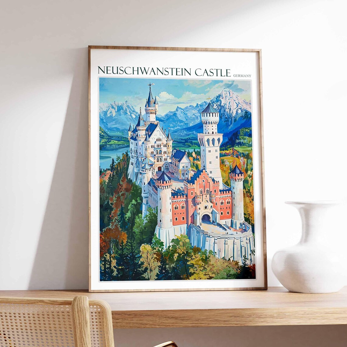 Neuschwanstein Castle Snowy Peaks Detailed Painterly Art Poster