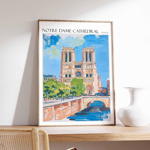 Notre Dame Cathedral Poster Notre Dame Cathedral Travel Print France Travel Poster Tropical Decor Travel Gift Floral Print