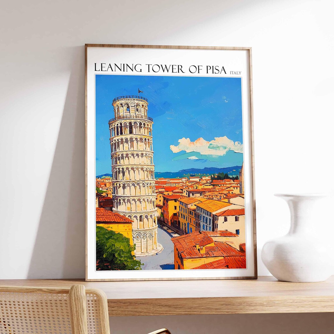 Leaning Tower of Pisa Rooftop Cityscape Distant Sea View Travel Poster