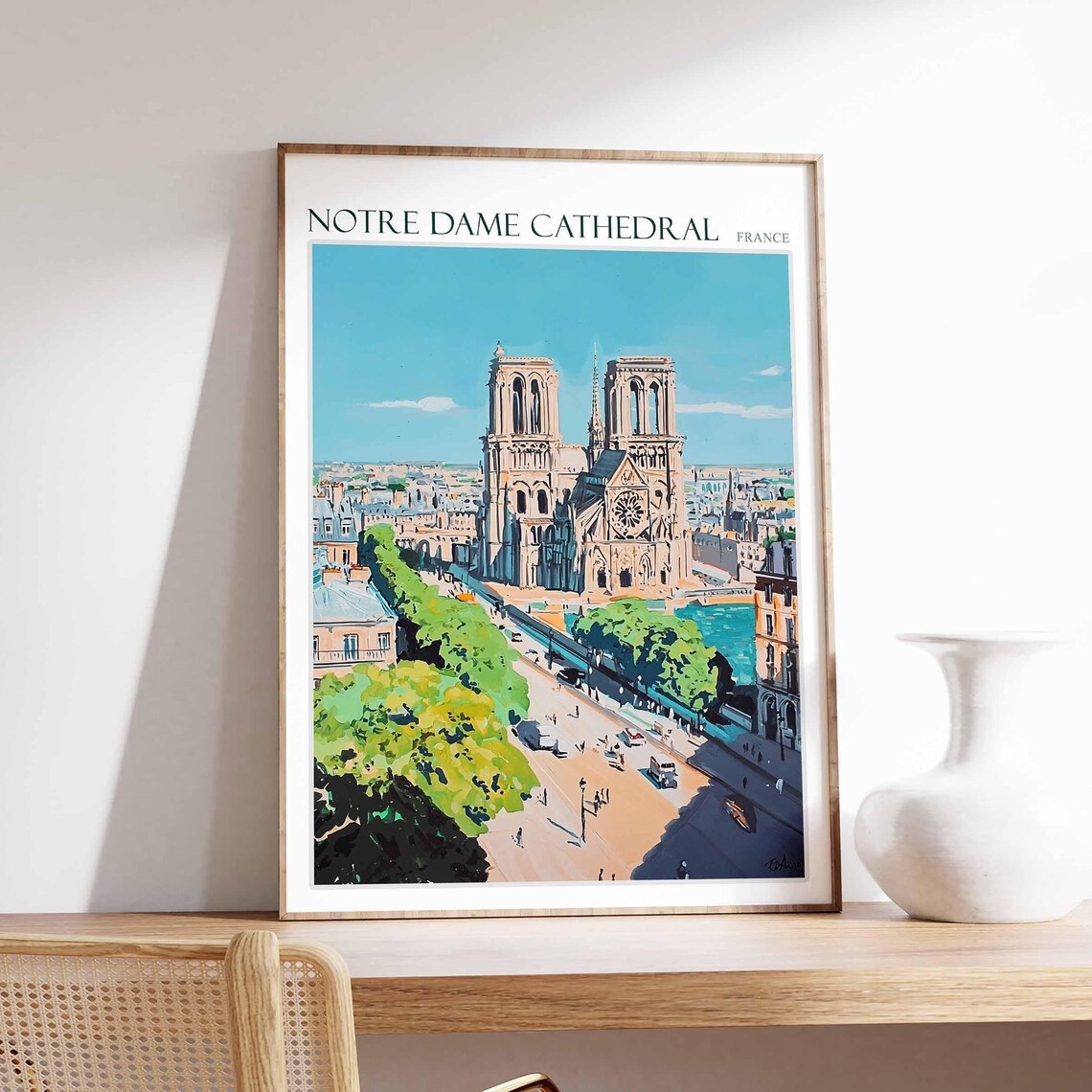 Notre Dame Cathedral Aerial Tree Lined Quays City Painting Poster