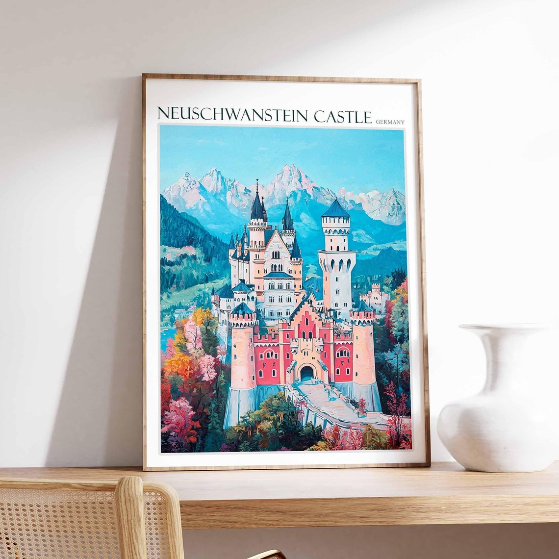 Neuschwanstein Castle Autumn Foliage Snowy Alpine Flat Poster