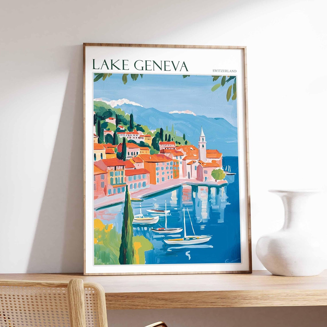 Lake Geneva Poster Switzerland Travel Print Swiss Decor Europe Travel Poster European Wall Art Lake Geneva Travel Poster