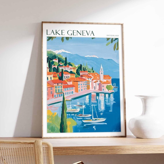 Lake Geneva Poster Switzerland Travel Print Swiss Decor Europe Travel Poster European Wall Art Lake Geneva Travel Poster