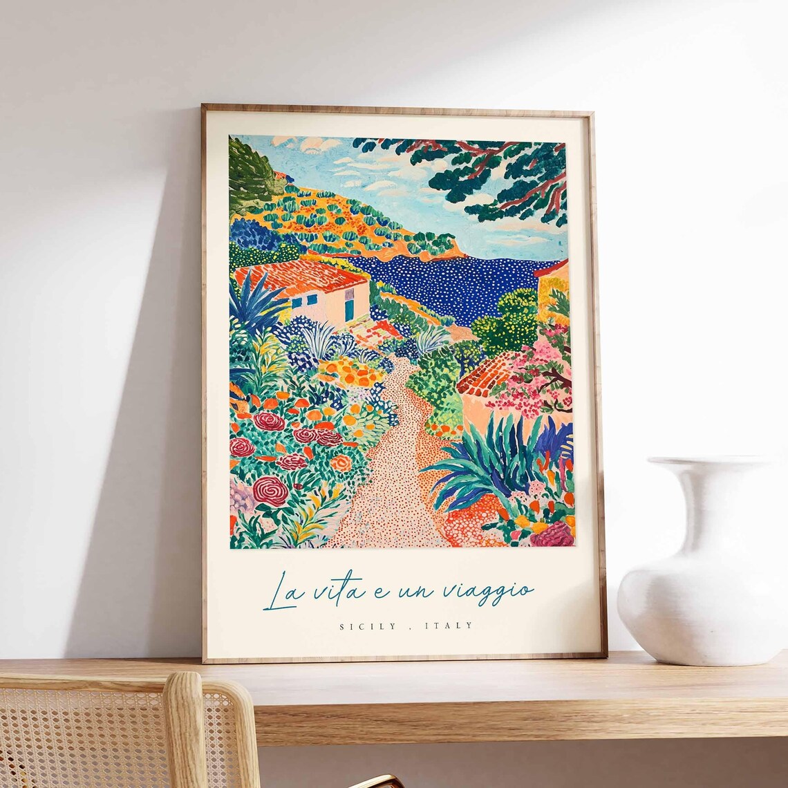 Sicily Italy Floral Travel Poster Garden Path Cottages And Sea View