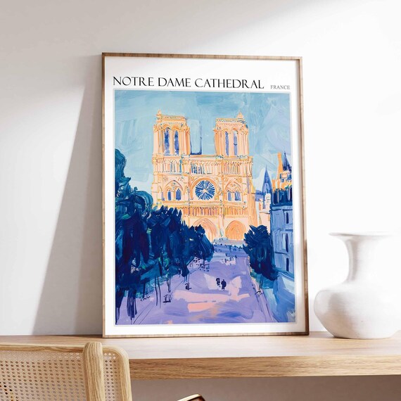 Notre Dame Cathedral Poster Notre Dame Cathedral Travel Print France Travel Poster Tropical Decor Travel Gift Floral Print