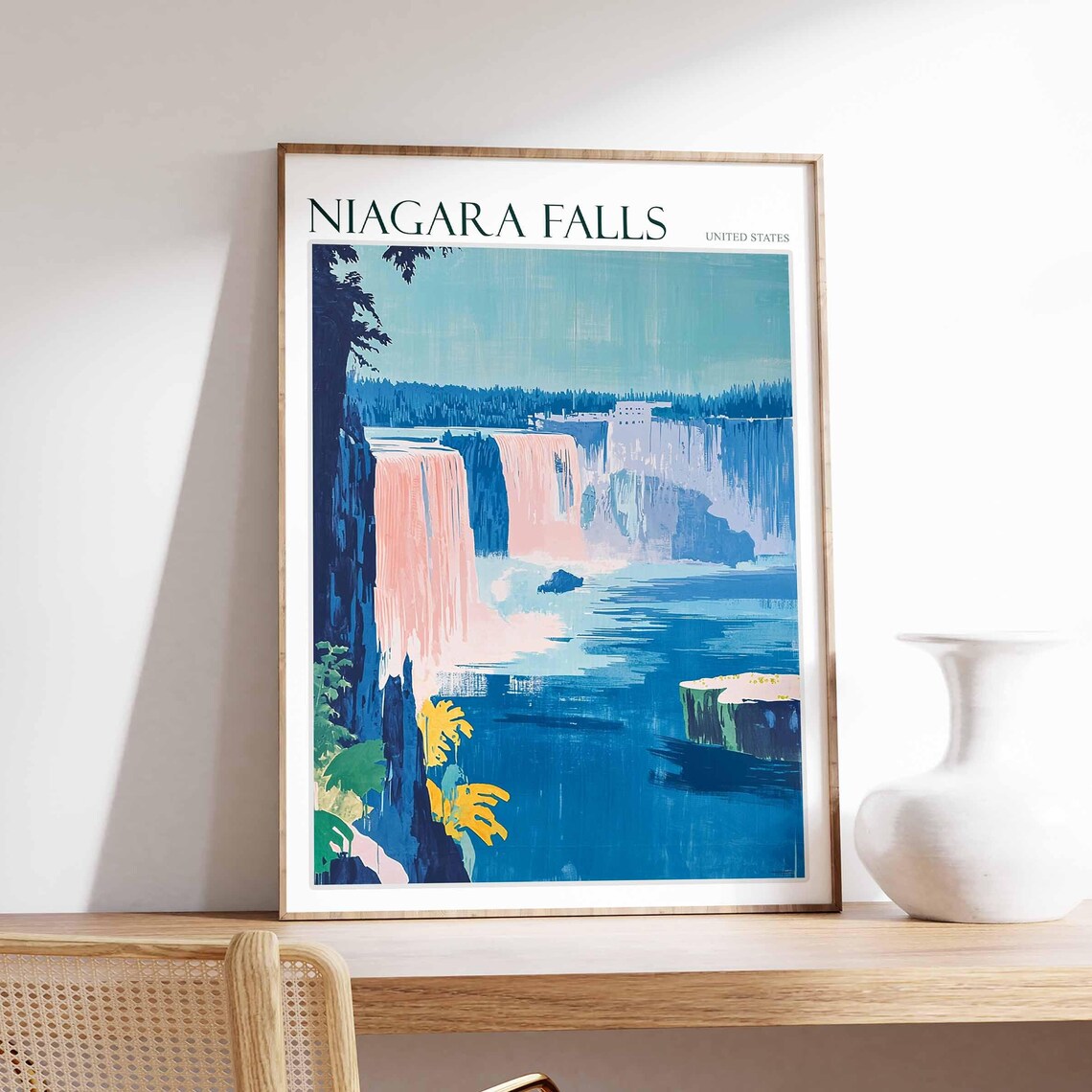 Niagara Falls Minimal Pink Blue Falls Modern Illustration Poster