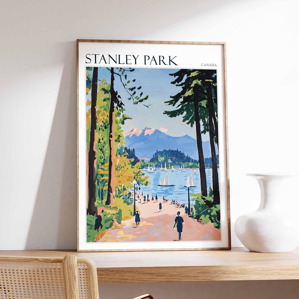 Stanley Park Vancouver Forest Path Sailboat Harbor View Travel Poster