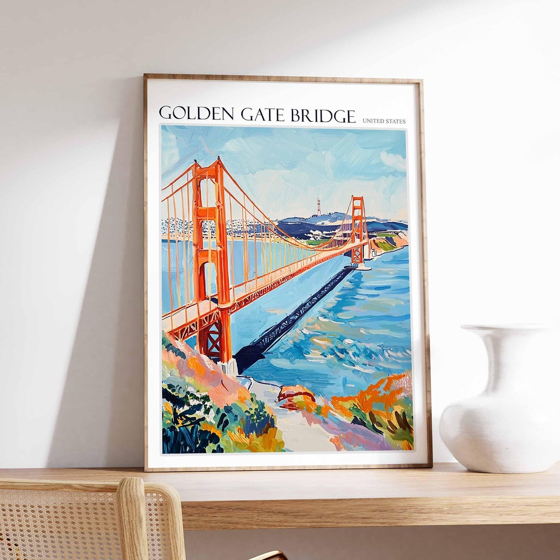 Golden Gate Bridge Golden Shoreline Cliffs Bay View Art Poster