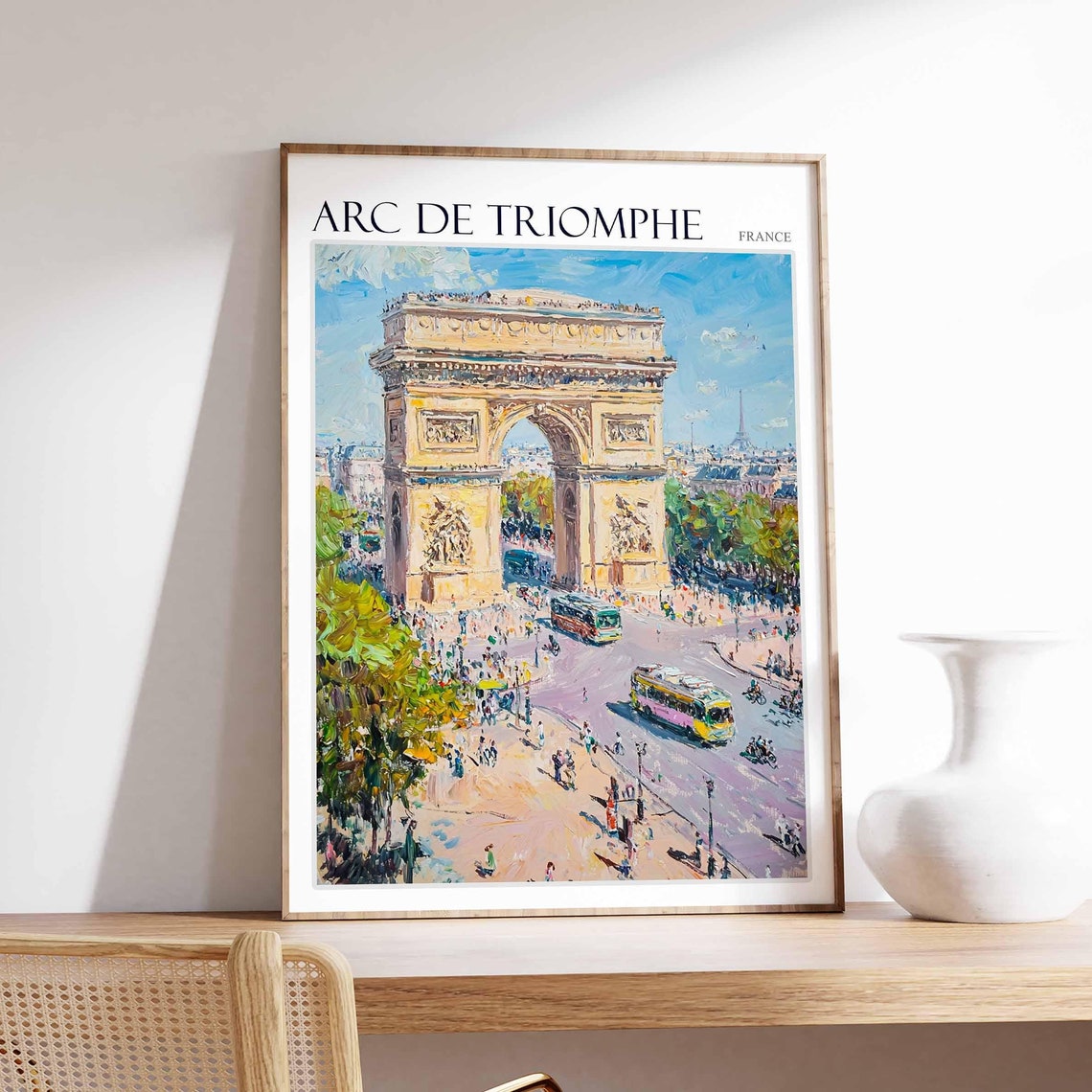 Arc de Triomphe Paris Eiffel Tower Buses Colorful Art Poster