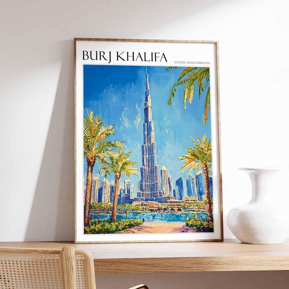 Burj Khalifa Poster United Arab Emirates Wall Art Arabian Travel Print Tropical Decor Burj Khalifa Travel Poster City Print