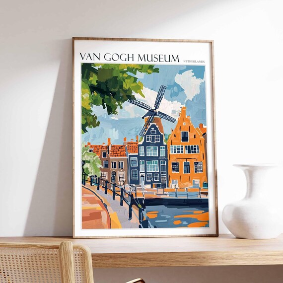Van Gogh Museum Netherlands Windmill Canal Houses Painting Poster