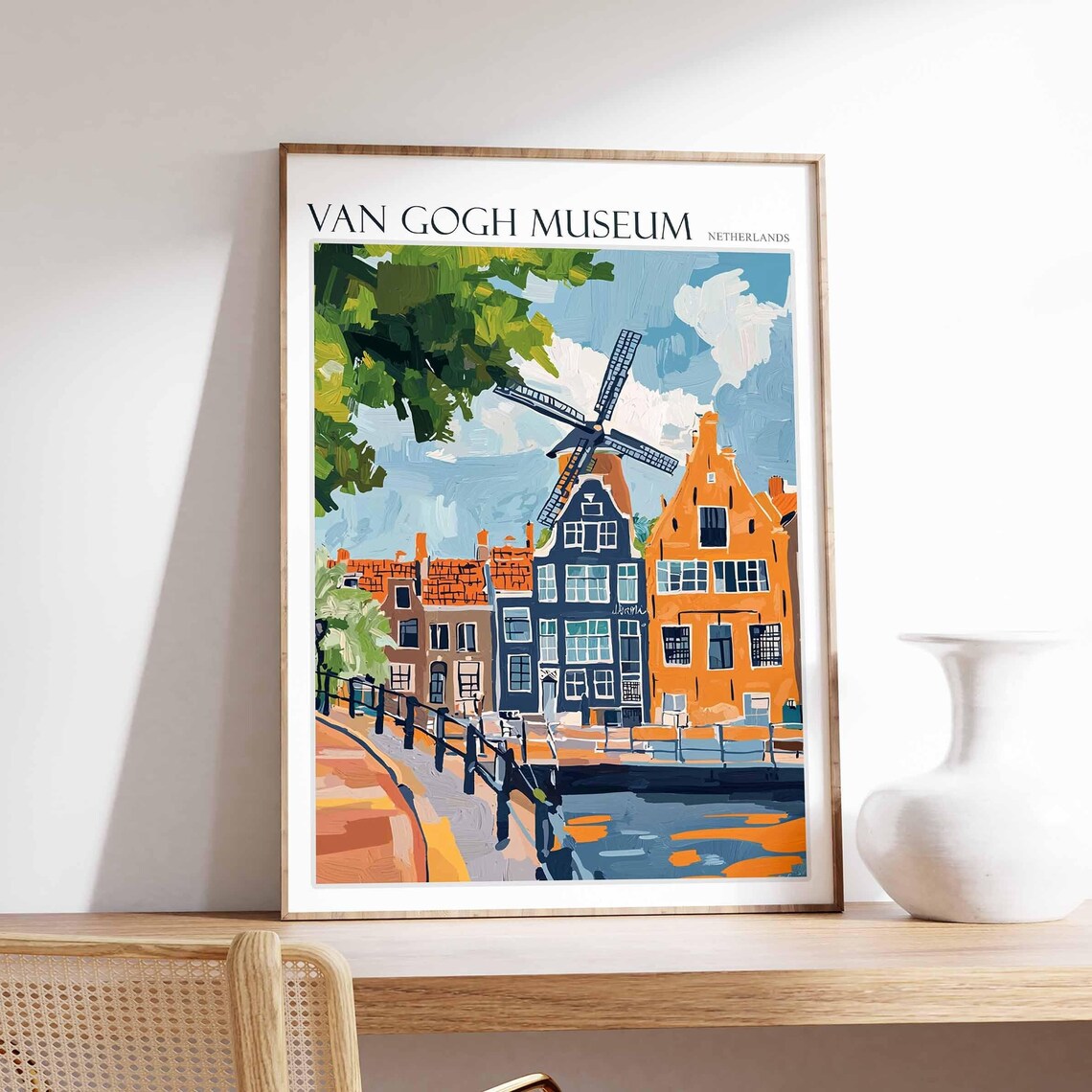 Van Gogh Museum Netherlands Windmill Canal Houses Painting Poster