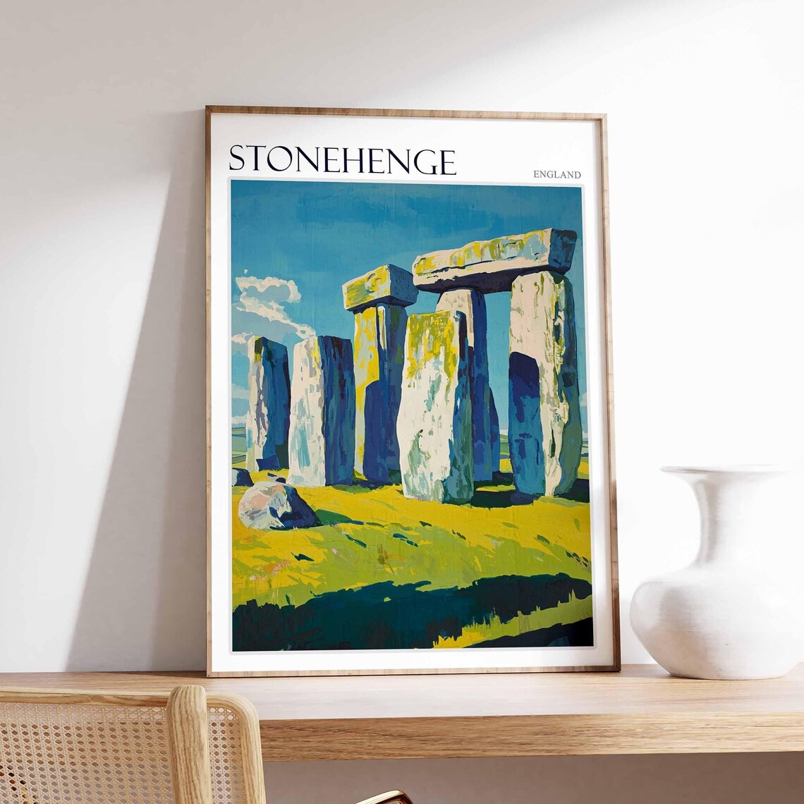 Stonehenge England Painted Trilithon Stones Blue Sky Travel Poster
