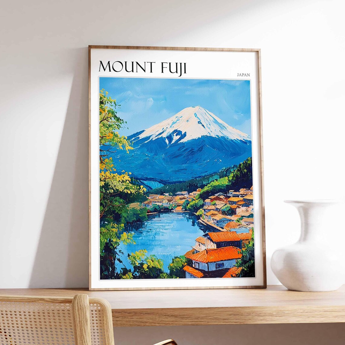 Mount Fuji Japan Lakeside Village with Red Tile Roofs Travel Poster