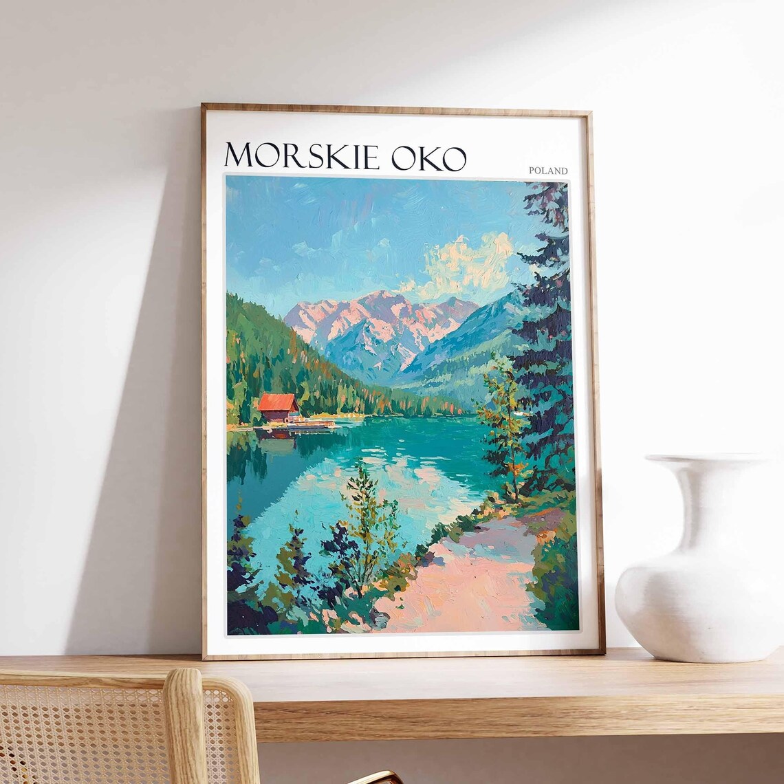 Morskie Oko Poland Red Shelter Reflection Forest Trail Travel Poster