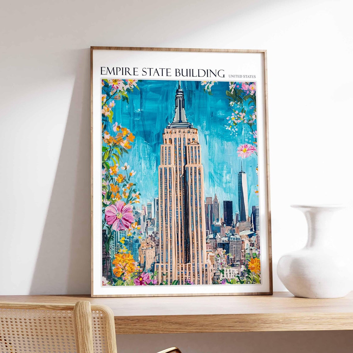 Empire State Building Flower Border New York Skyline Art Poster