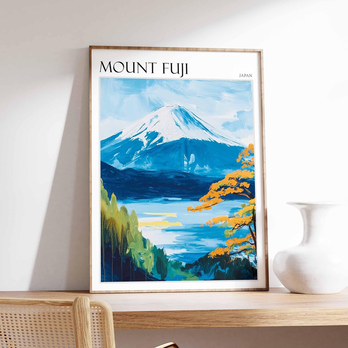 Mount Fuji Japan Golden Autumn Lake Reflection Painting Poster