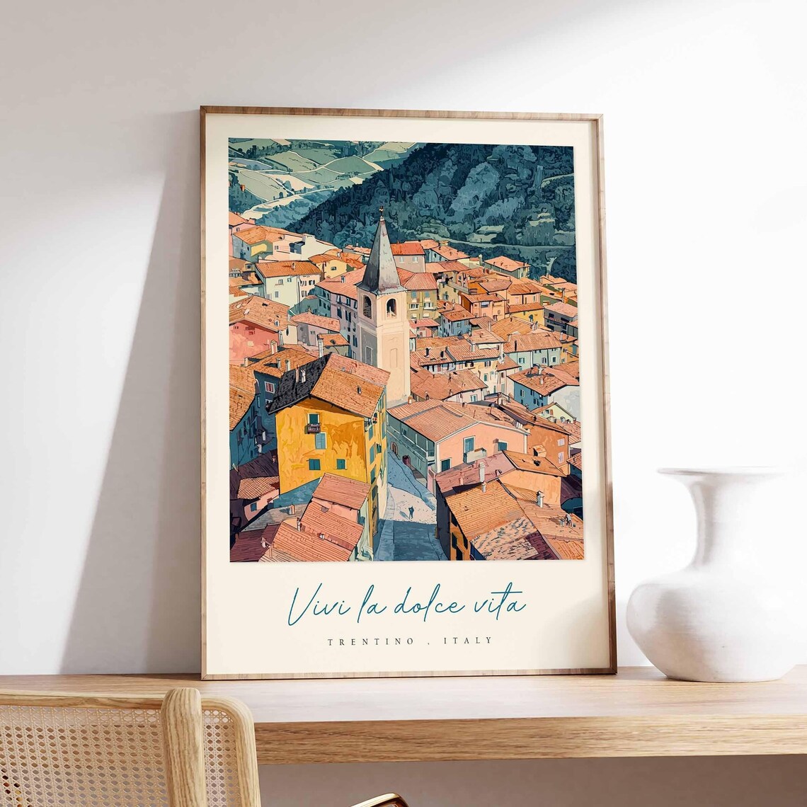 Trentino Italy Aerial Town Painting Terracotta Roofs Church Poster