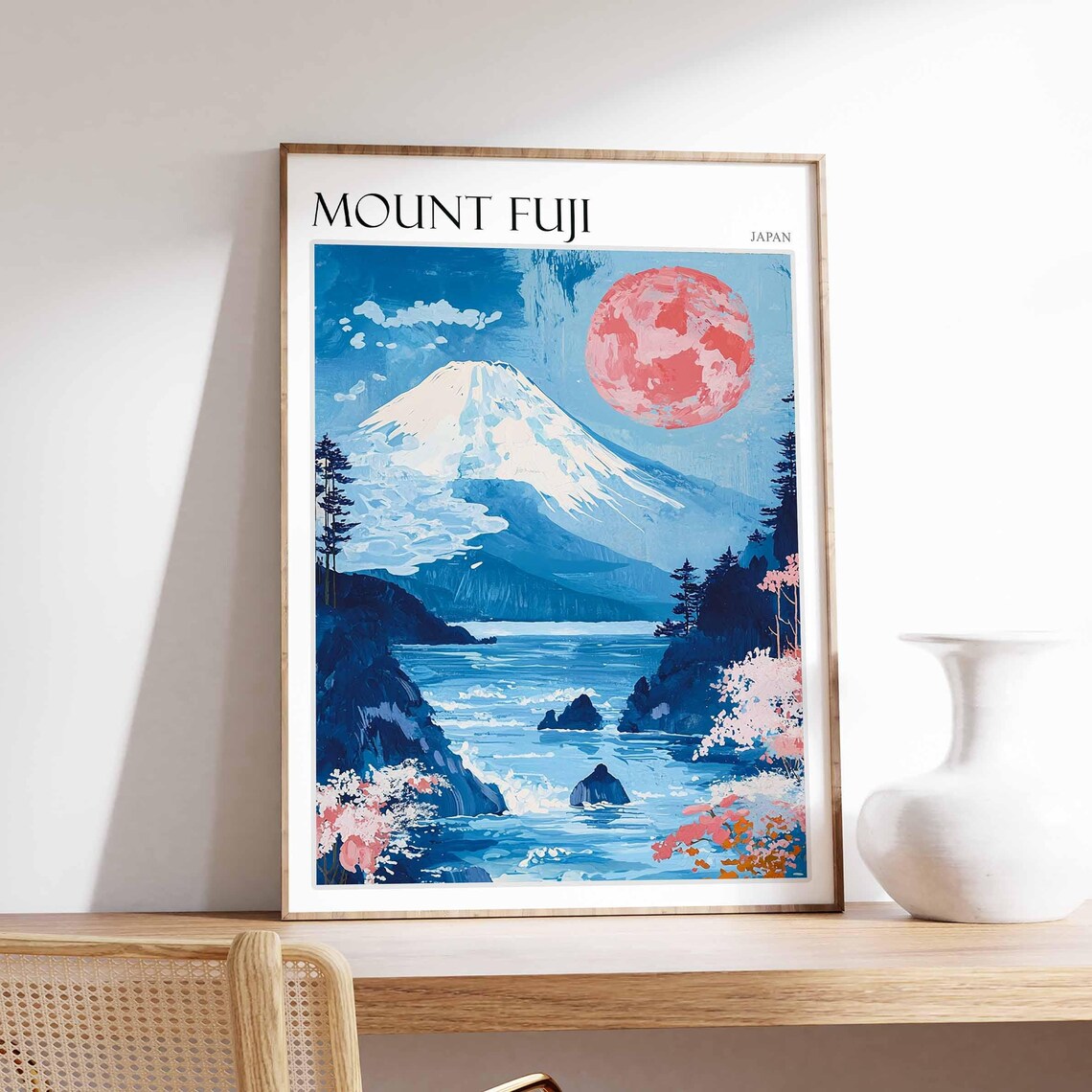 Mount Fuji Japan Red Sun Cherry Blossom Lakeside Painting Art Poster