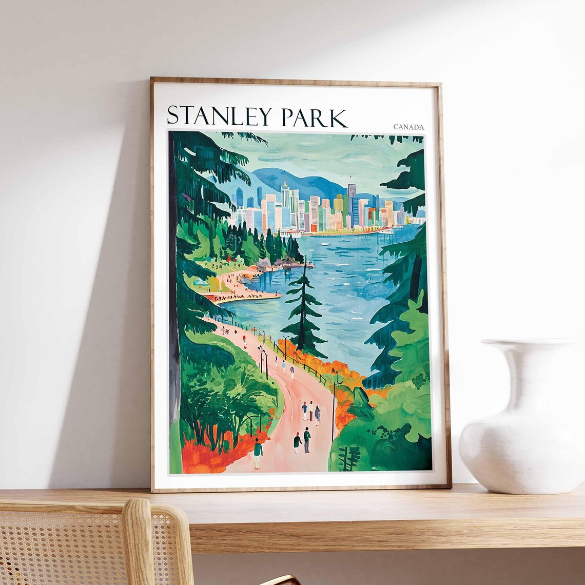Stanley Park Vancouver Seawall Forest Path City Skyline Travel Poster