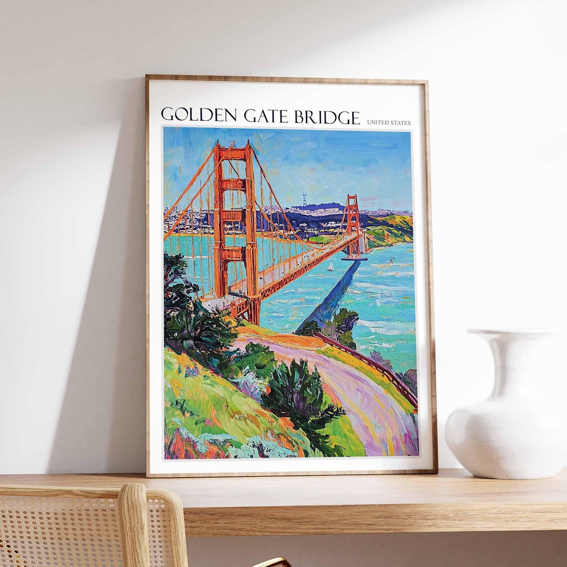 Golden Gate Bridge Green Hillside Winding Bay Road Scenic Poster