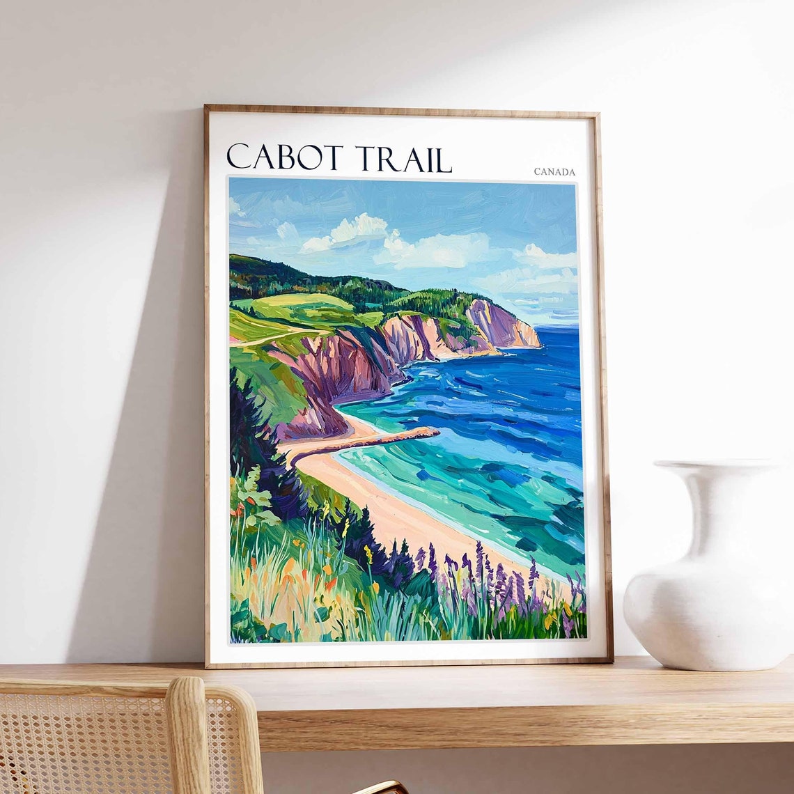 Cabot Trail Canada Sandy Beach Cove and Cliffs Oil Painting Poster