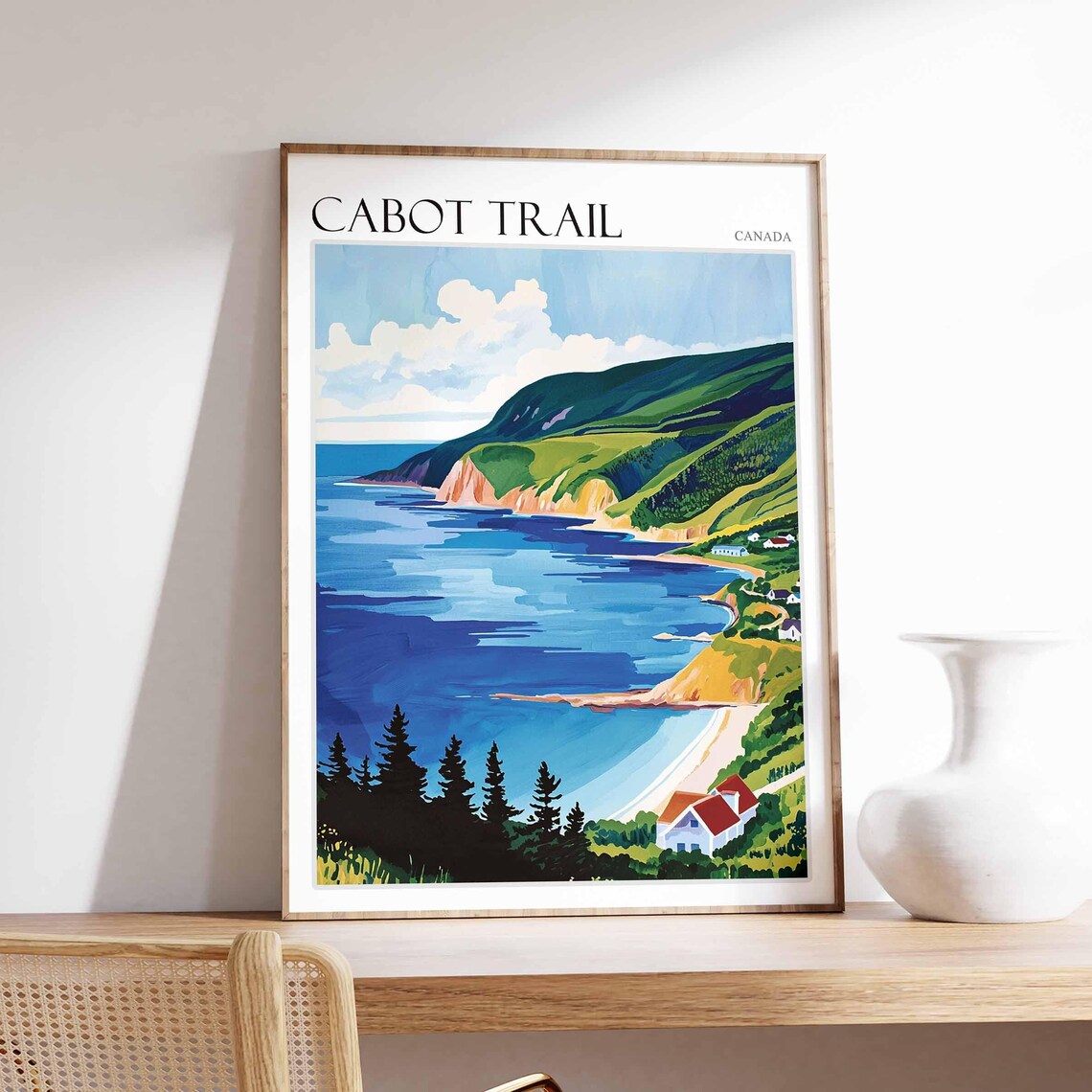 Cabot Trail Canada Coastal Bay Cliffs Cottages Vintage Poster