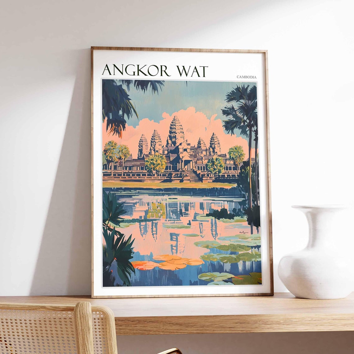 Angkor Wat Cambodia Temple Reflection Lily Pads Palm Trees Poster