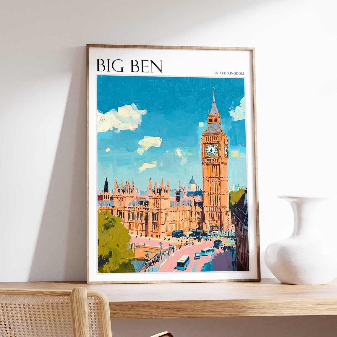 Big Ben United Kingdom Parliament Street Scene With Buses Poster