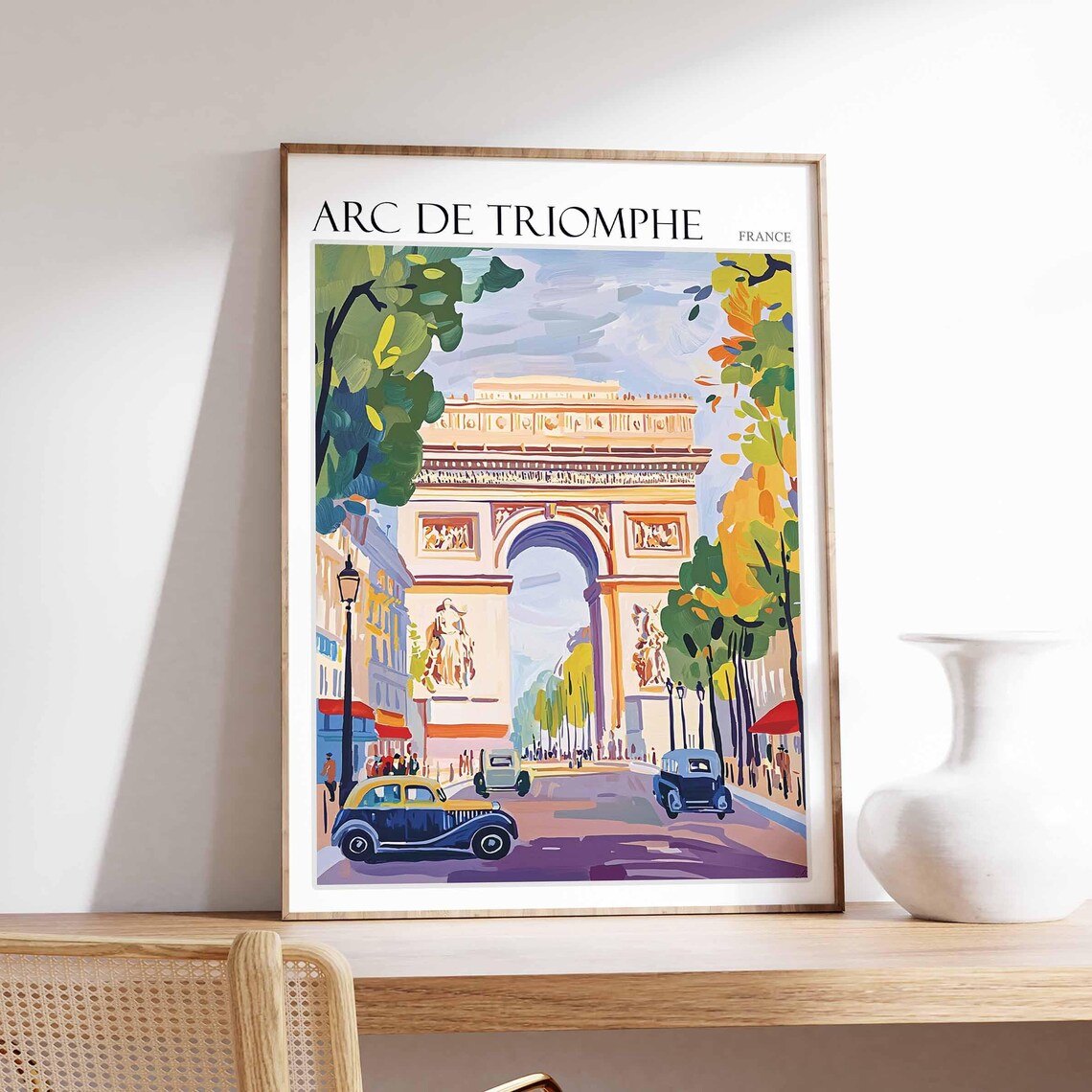 Arc de Triomphe Paris France Vintage Cars Autumn Street Art Poster