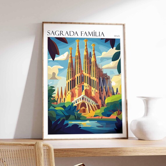 Sagrada Famlia Poster Sagrada Famlia Travel Print Spain Wall Art Spanish Travel Print Tropical Decor Botanical Print Spain Gift