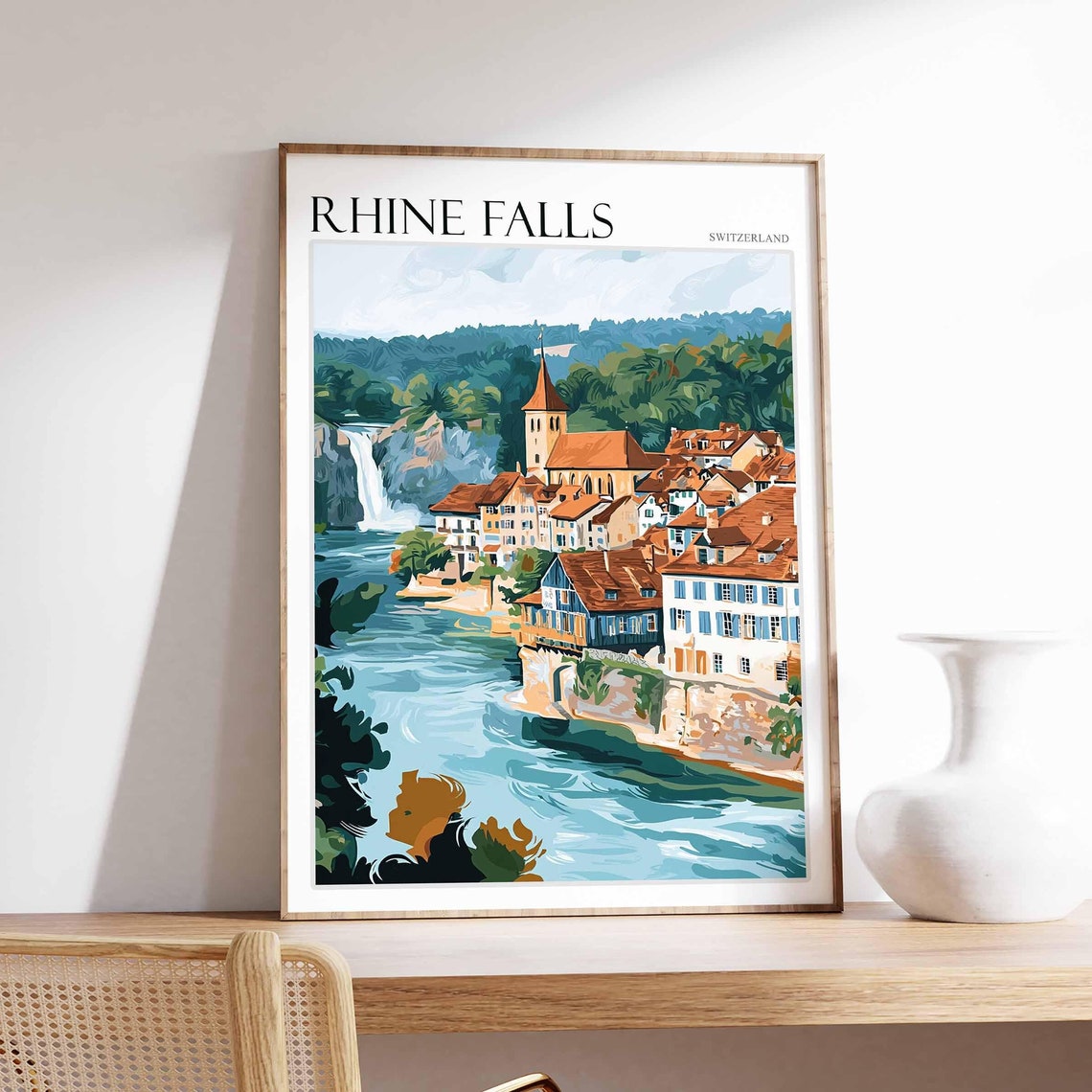 Rhine Falls Switzerland Riverside Village Waterfall View Poster