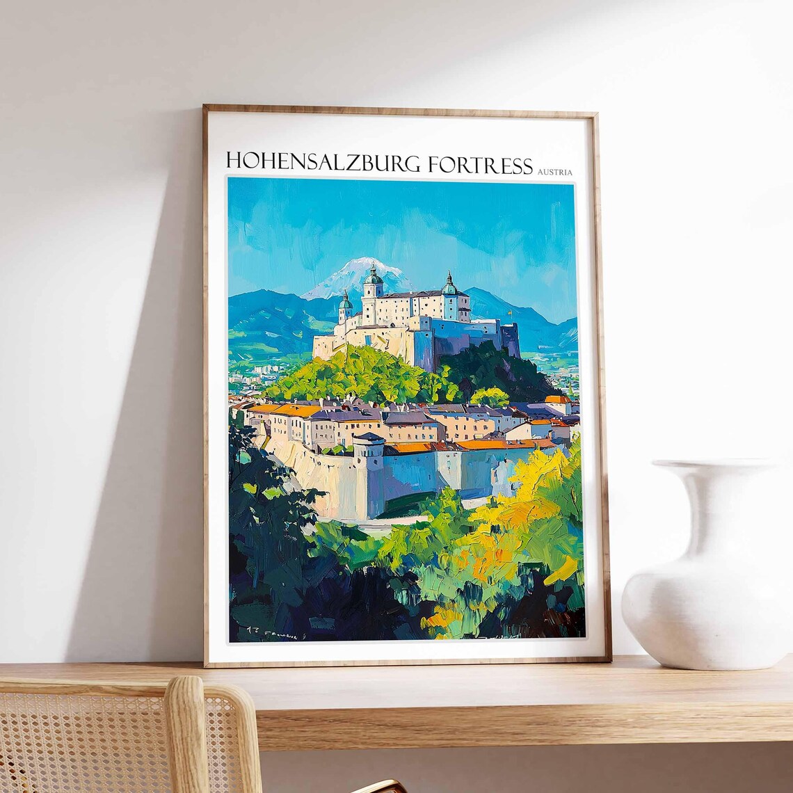 Hohensalzburg Fortress Austria Snowy Mountain Backdrop Art Poster