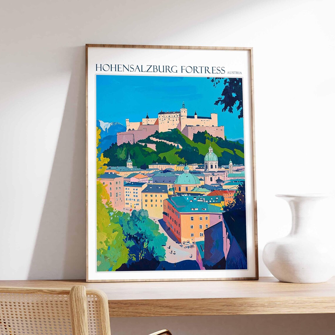 Hohensalzburg Fortress Austria Bold Teal Cityscape Travel Poster