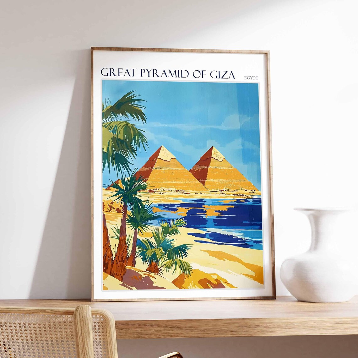 Great Pyramid Of Giza Twin Pyramids Palms Retro Travel Poster